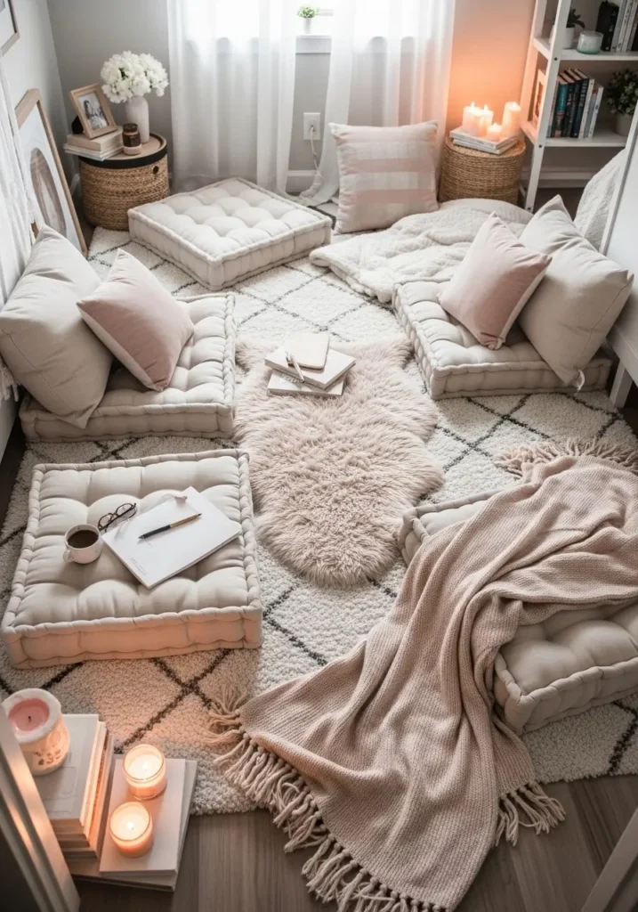 Aesthetic college apartment with cozy floor seating setup, layered floor cushions, low wooden table, fluffy neutral rug, soft warm lighting, beige and blush tones, minimalist feminine decor, candles and books on side shelves, relaxed apartment vibe, tiny student living room, soft textures, modern cozy styling, clean layout, warm evening atmosphere, realistic interior photography, airy and peaceful mood

