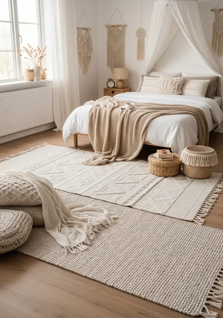 Calm boho bedroom with layered textured rugs, cream woven floor runner, low wooden bed, soft neutral bedding, earthy cushions, warm natural lighting, ceramic decor, minimal wall art, airy feminine atmosphere, cozy organic textures, peaceful uncluttered styling, modern boho interior photography, beige and ivory palette, soft shadows, woven baskets, dreamy earthy retreat aesthetic with clean minimal composition


