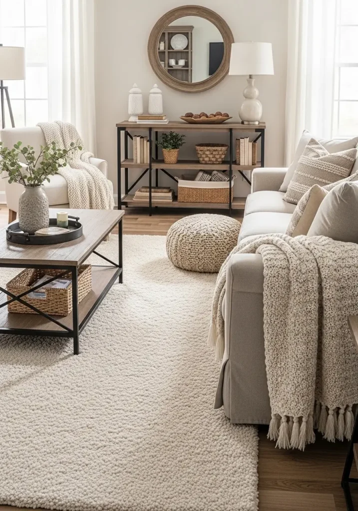 Soft modern farmhouse living room with cozy high pile rug, cream boucle chairs, oversized linen sofa, rustic wood coffee table, warm beige walls, layered knit blankets, natural sunlight through sheer curtains, black metal accents, minimal farmhouse decor, airy neutral styling, realistic interior photography, plush textures, calm welcoming atmosphere with cozy feminine living room mood

