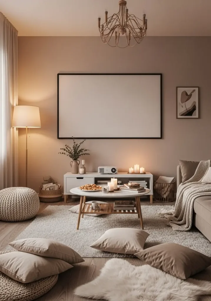Cozy college apartment living room with minimal movie wall setup, cream couch, soft blankets, simple projector screen area, warm floor lamp, neutral pillows, low wooden coffee table, clean feminine styling, beige rug, soft evening lighting, realistic interior photography, calm student apartment mood, minimal clutter, warm cozy atmosphere


