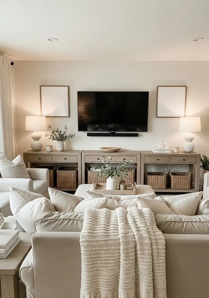 Neutral farmhouse living room TV nook with soft cream walls, light linen armchairs, rustic wood console table, woven baskets, layered textured rugs, warm natural sunlight, minimal cozy decor, realistic farmhouse interior photography, soft beige and ivory palette, calm peaceful styling, airy curtains, subtle greenery, warm table lamps, clean uncluttered layout, inviting rustic charm, elegant country-inspired family room

