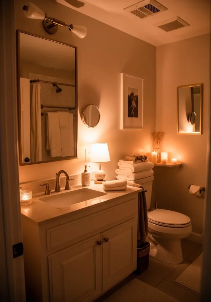 Minimal bathroom glowing with warm ambient lighting, soft candles near bathtub, creamy walls, fluffy towels, subtle gold accents, cozy feminine apartment bathroom, calming evening atmosphere, realistic interior photography, elegant spa inspired decor, uncluttered styling, warm reflections, soft shadows, peaceful and dreamy bathroom mood

