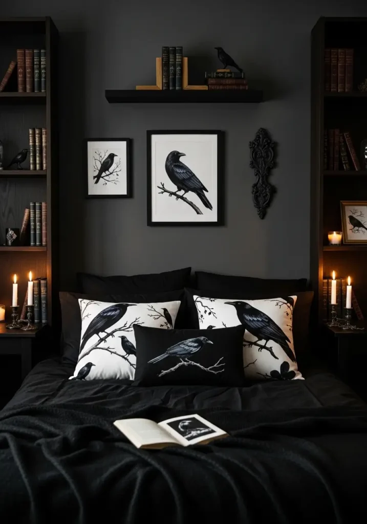 Clean romantic goth bedroom with subtle raven decor, black bedding, charcoal walls, warm candlelight, vintage books, dark wood shelves, minimal gothic accents, soft feminine styling, cozy couple bedroom atmosphere, realistic textures, calm dark romantic interior design

