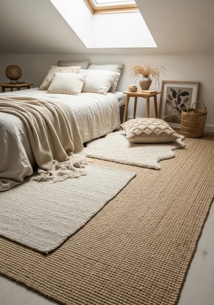  Small attic bedroom with layered cream and beige rugs under a low bed, soft linen bedding, sloped ceiling, white walls, tiny bedside lamp, woven basket, warm neutral pillows, pale wood floor, clean minimal feminine styling, cozy apartment bedroom with soft textures and calm mood.