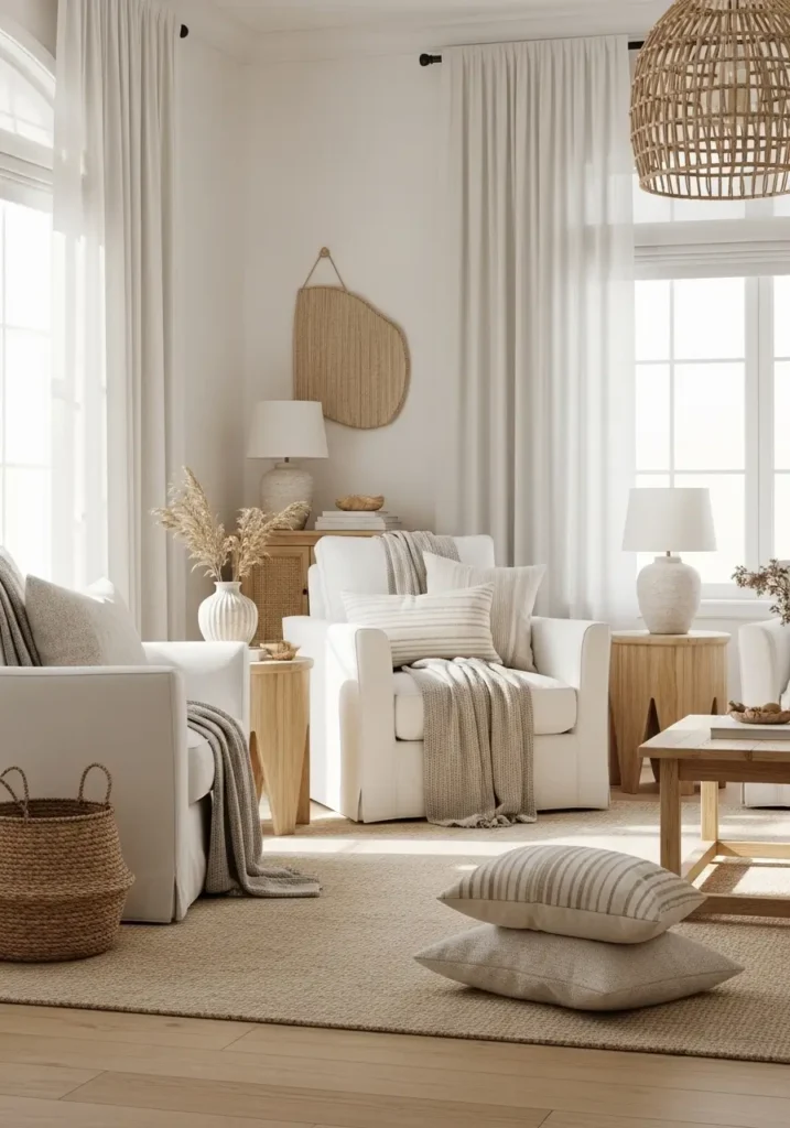 Soft coastal living room with white slipcovered armchairs, pale oak side tables, woven baskets, airy linen curtains, warm sunlight, sandy neutral rug, beach house decor, layered cozy pillows, calm feminine styling, relaxed seaside atmosphere, light cream walls, natural textures, minimal coastal design, fresh airy interior with elegant and cozy beach inspired details

