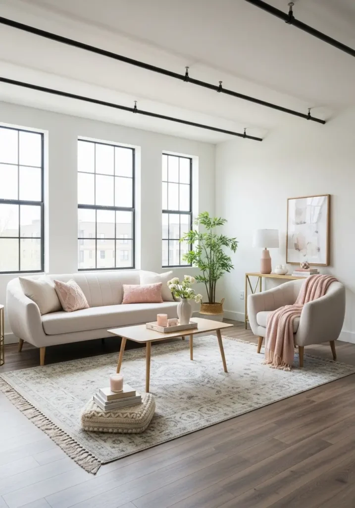 Cozy loft apartment living area with a plush cream sofa placed over a large soft rug, blush and beige pillows, round coffee table, light wood floors, high ceilings, floating furniture layout, gentle feminine styling, warm daylight, open city loft feel, airy curtains, pretty layered textures, realistic interior design photo for a new home mood board
