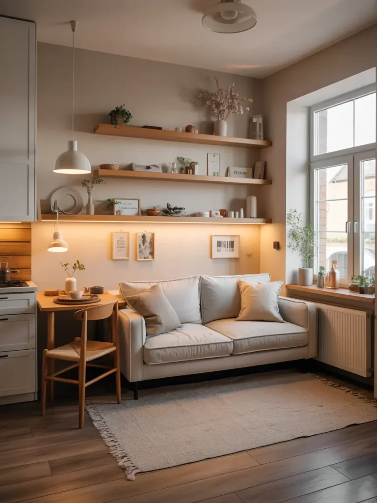 Small detached garage apartment studio interior with cozy neutral decor, compact sofa, tiny dining table, soft cream walls, layered lighting, wood flooring, floating shelves, minimal decorations, large window, airy atmosphere, Scandinavian minimal style, elegant small apartment setup, realistic photography, warm textures, compact yet luxurious living space