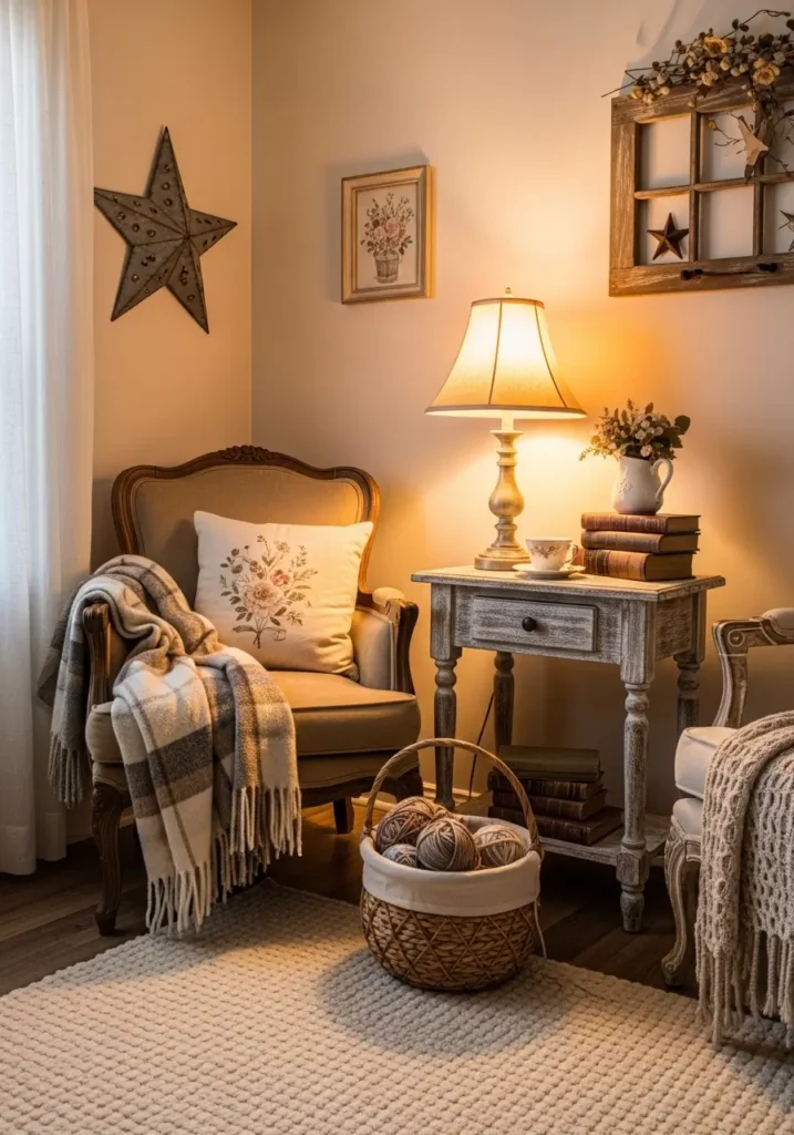 Cozy rustic farmhouse living room corner with vintage armchair, warm lamp glow, distressed wood side table, soft plaid blanket, stacked old books, woven basket, cream textured rug, rustic farmhouse decor, warm earthy tones, feminine cozy styling, realistic interior photography, peaceful inviting atmosphere, soft layered fabrics, airy rustic layout