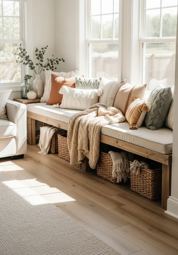 Charming farmhouse living room with built-in rustic window bench, soft cream cushions, layered throw pillows, knit blankets, warm sunlight streaming through large windows, light wood floors, woven baskets underneath bench, neutral earthy palette, airy farmhouse decor, realistic cozy interior photography, feminine peaceful atmosphere, minimal rustic styling, clean uncluttered layout, subtle greenery, warm inviting mood

