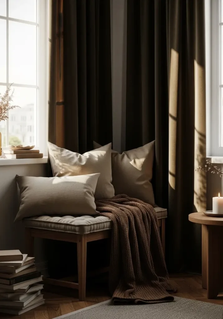 Dark academia apartment window corner with small cushioned bench, dark olive curtains, beige linen pillows, brown knit blanket, warm sunlight filtering through fabric, stacked books nearby, wooden side table, candlelight, minimal feminine decor, cozy moody styling, realistic textures, calm peaceful apartment feeling, soft clean layout, warm vintage inspired corner with gentle shadows

