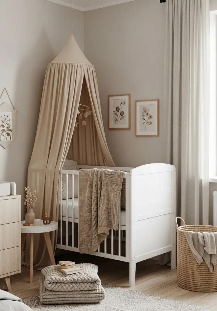 Tiny feminine nursery with soft cream canopy over white crib, warm apartment bedroom corner turned nursery, beige knit blanket, minimal framed artwork, light wood side table, woven laundry basket, cozy layered textures, airy neutral color palette, clean modern nursery styling, realistic apartment lighting, soft cotton curtains, Scandinavian inspired decor, calm elegant mood, uncluttered baby nursery setup, compact room design, peaceful soft atmosphere photography

