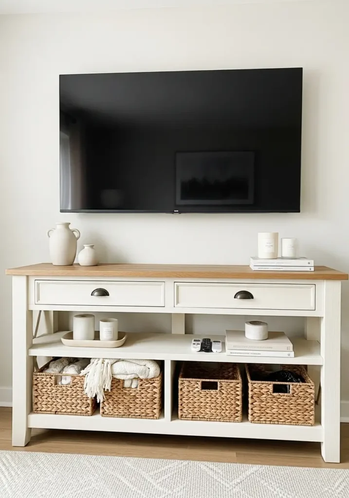 Minimal farmhouse living room with cream painted TV console, black flat screen television, warm oak accents, soft white sofa, beige rug, woven baskets, ceramic vases, cozy knit throw, airy linen curtains, realistic farmhouse decor photography, clean uncluttered layout, warm natural light, calm neutral palette, elegant rustic charm, peaceful cozy family space

