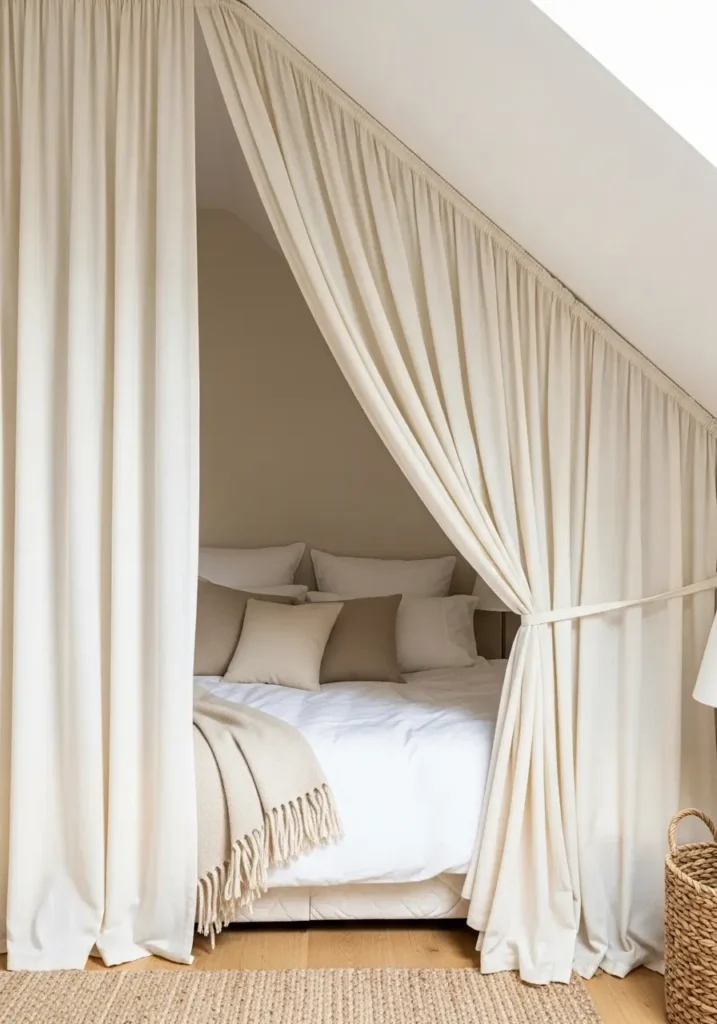 Clean minimal attic bedroom with a low bed framed by soft cream curtains, sloped ceiling, white cotton bedding, warm beige cushions, pale wooden floor, small bedside lamp, tiny ceramic vase, woven rug, gentle natural light, cozy feminine styling for a small apartment bedroom.