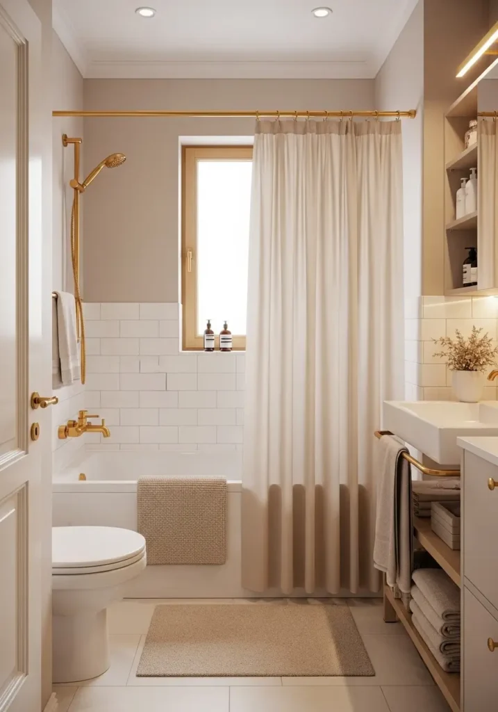Minimal apartment bathroom with flowing cream shower curtain, soft beige bath mat, white subway tiles, warm golden lighting, pale wood shelves, feminine cozy styling, realistic tiny bathroom interior photography, clean uncluttered apartment decor, soft folded towels, airy shower area, renter friendly makeover inspiration, calming neutral palette, elegant tiny bath design with warm textures and soft shadows