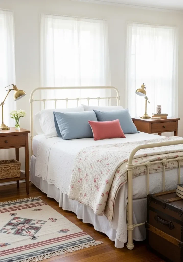 Clean minimal vintage Americana bedroom with cream iron bed frame, white cotton bedding, faded patchwork quilt, antique wooden nightstand, brass lamp, soft blue curtains, woven rug, warm wood floor, peaceful feminine country style, simple cozy room.