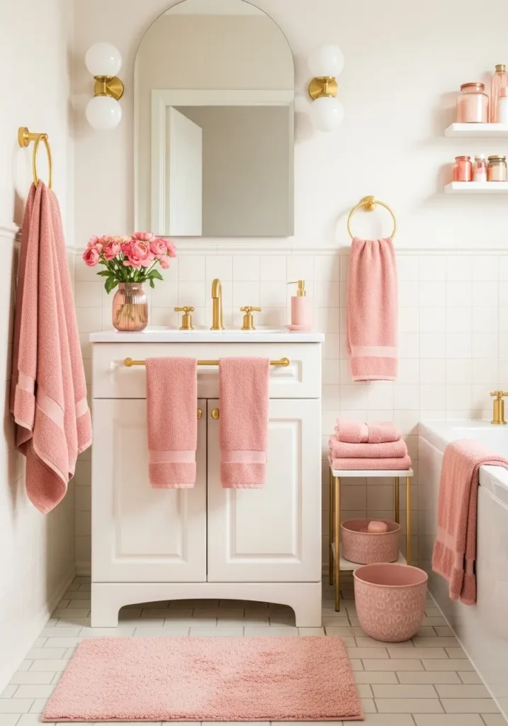 Clean minimal feminine bathroom with cream walls, rose toned towels, white vanity, brushed gold hardware, soft beige floor, clear vase with pale flowers, warm mirror lighting, neat tray, uncluttered shelves, romantic modern interior, cozy luxury bathroom mood.