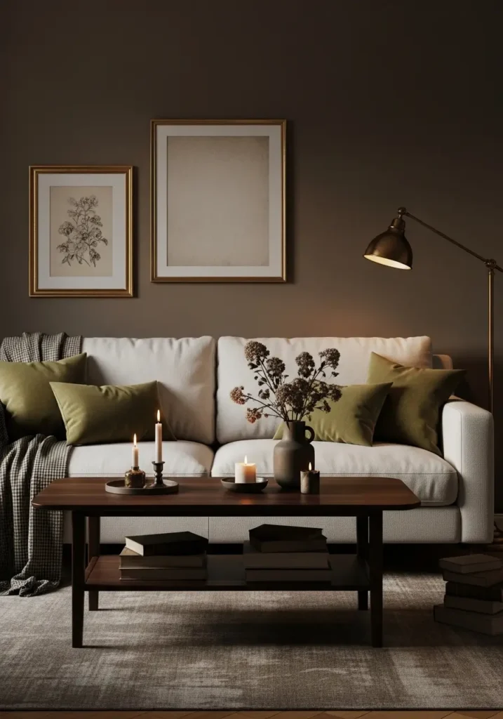 Dark academia apartment living room with soft cream sofa, dark brown wooden coffee table, olive green pillows, warm brass lamp, antique framed art, stacked vintage books, candlelight glow, cozy feminine styling, minimal moody decor, realistic fabric textures, warm earthy color palette, peaceful apartment atmosphere, clean styling, soft contrast between light sofa and dark vintage accents

