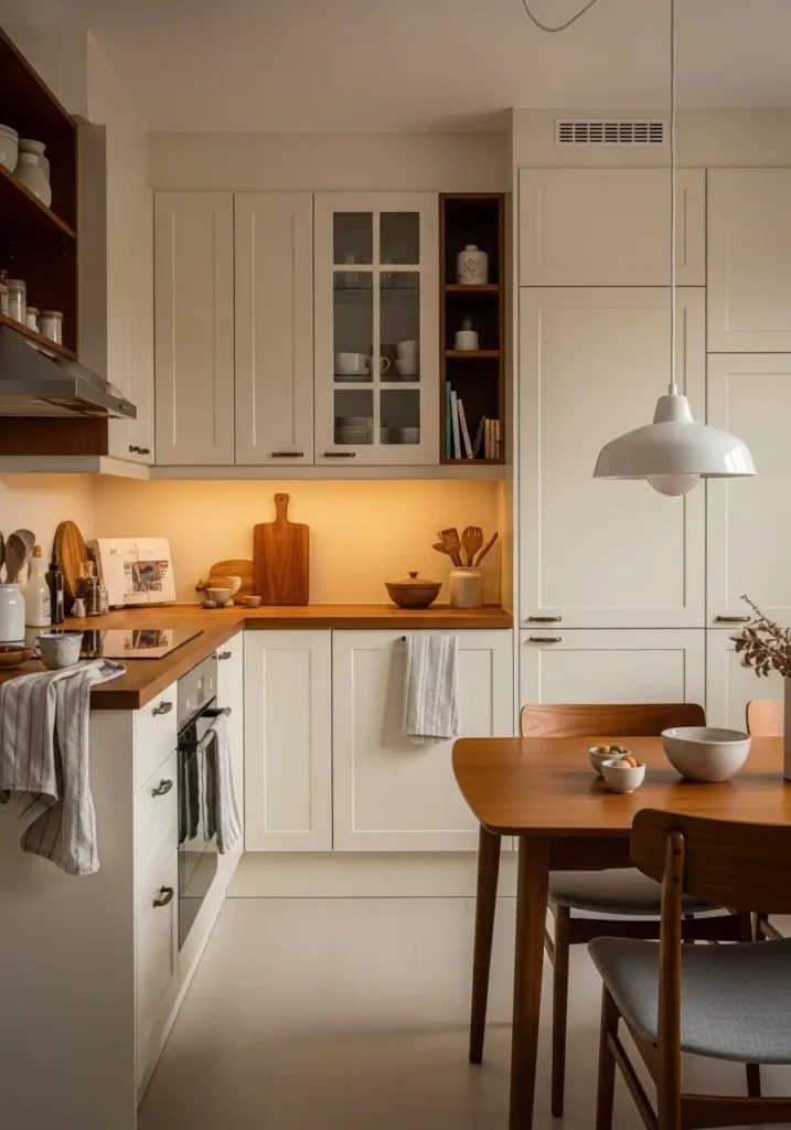 Retro apartment kitchen with cream cabinets and teak wood accents, mid century modern styling, soft natural sunlight, warm pendant lighting, compact apartment layout, floating shelves, ceramic decor, muted earthy tones, cozy feminine atmosphere, clean countertops, realistic interior photography, uncluttered retro kitchen design with soft textures and warm vintage charm