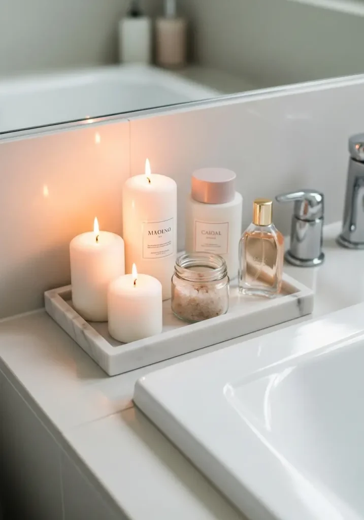 Clean minimal luxury bathroom counter with cream stone vanity, small marble tray holding white candles, rose bath salts, glass perfume bottle, soft blush flowers, gold faucet, warm mirror light, neutral walls, tidy modern feminine decor, romantic spa feeling, realistic cozy interior.