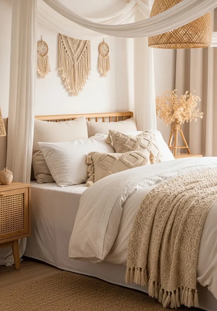 Dreamy calm boho bedroom with creamy neutral bedding, soft textured pillows, light wood nightstands, woven wall decor, beige knit blanket, warm morning sunlight, airy white curtains, minimal earthy styling, peaceful feminine atmosphere, modern boho interior photography, uncluttered cozy room, organic textures, natural shadows, relaxing earthy retreat aesthetic with soft warm tones

