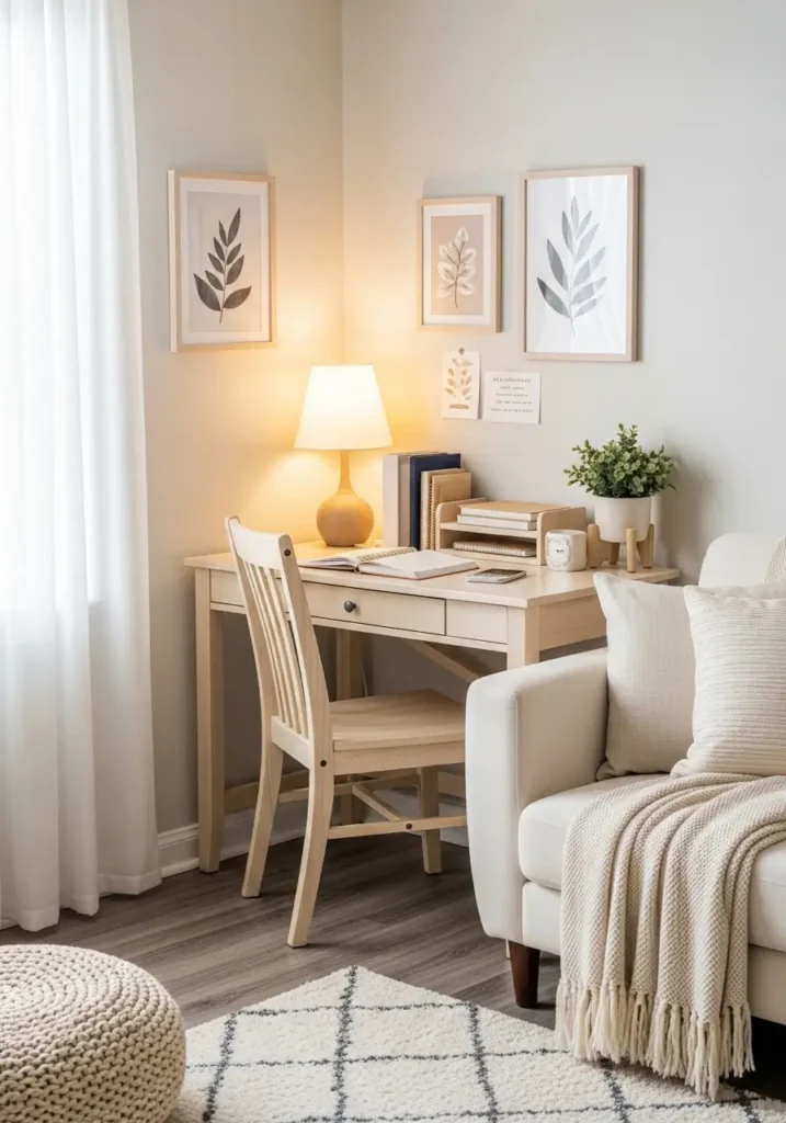 Cozy college apartment living room with a small creamy study nook beside the sofa, light wooden desk, soft beige chair, minimal wall prints, warm table lamp, white curtains, neutral rug, clean feminine decor, organized books, calm student apartment styling, natural sunlight, realistic interior photography, peaceful and airy mood

