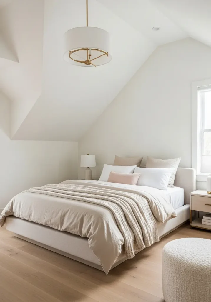 Small modern bedroom with a vaulted ceiling painted creamy white, soft white walls, low platform bed, beige linen duvet, round boucle chair, light wood flooring, minimal gold lamp, simple framed art, airy curtains, natural soft light, clean cozy feminine bedroom styling, warm and peaceful mood.