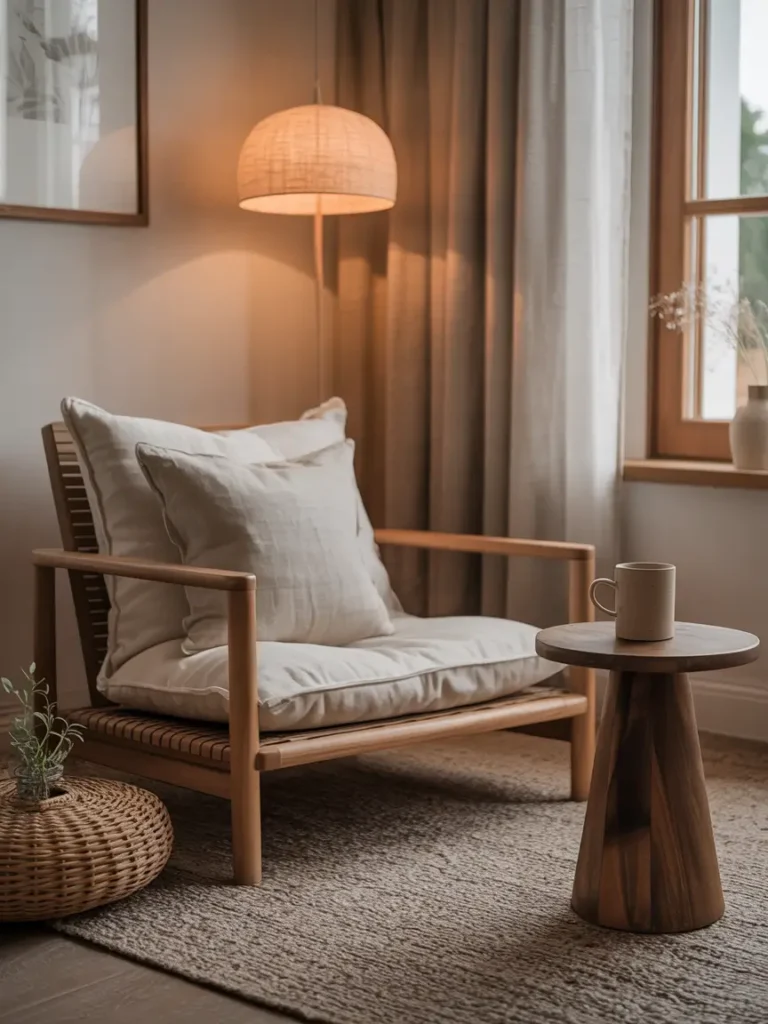 Cozy Japandi reading corner with low lounge chair, soft linen cushion, wooden side table, ceramic mug styling, warm natural light entering through window, neutral textures, minimal decor arrangement, Pinterest-style interior photography showing peaceful intimate atmosphere.

