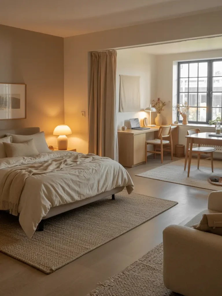 Minimal feminine studio apartment with a cozy bed corner, small cream sofa, round beige rug, slim coffee table, soft curtains, tiny dining nook, warm lamps, light wood furniture, clean open layout, calm neutral colors, gentle separation between living and sleeping spaces.