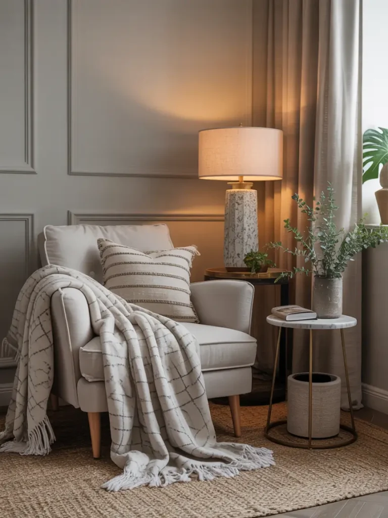 A cozy corner with a soft armchair, a small side table, a plush throw blanket, and a few pillows. Neutral tones with subtle patterns, creating a relaxed, inviting feel.