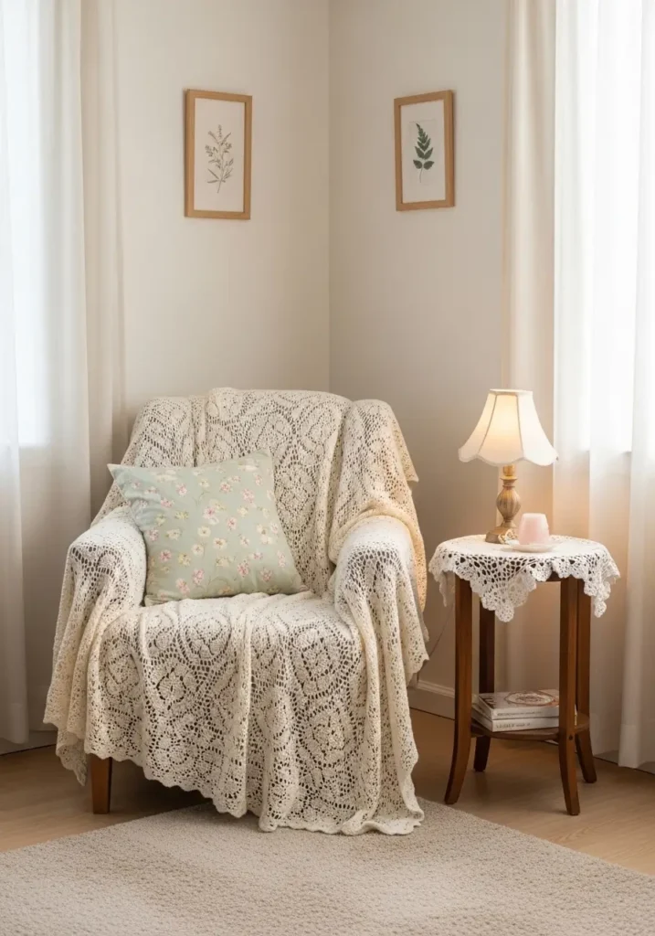 Clean minimal grandma core living room with crochet blanket draped over a soft cream armchair, small crochet doily on wooden side table, warm vintage lamp, pale floral cushion, beige rug, sheer curtains, simple wall art, gentle daylight, cozy feminine comfort, uncluttered vintage home styling.