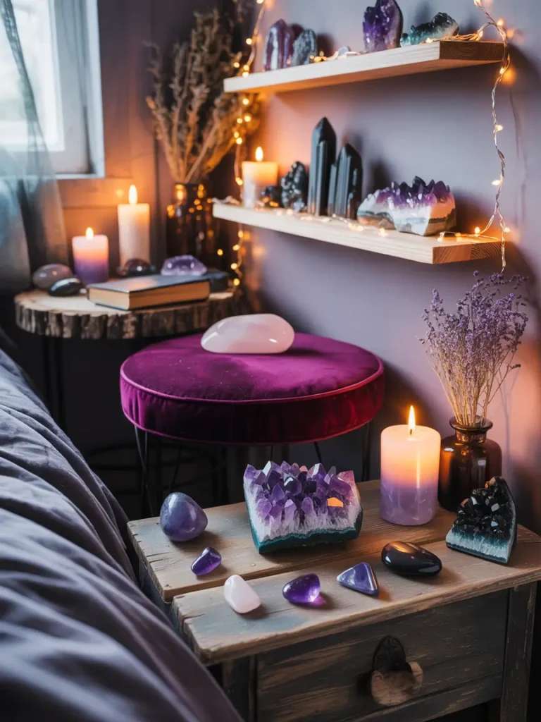 A collection of raw, unpolished crystals and stones scattered on a simple wooden shelf, including amethyst, rose quartz, and black tourmaline, arranged in a natural, organic way.