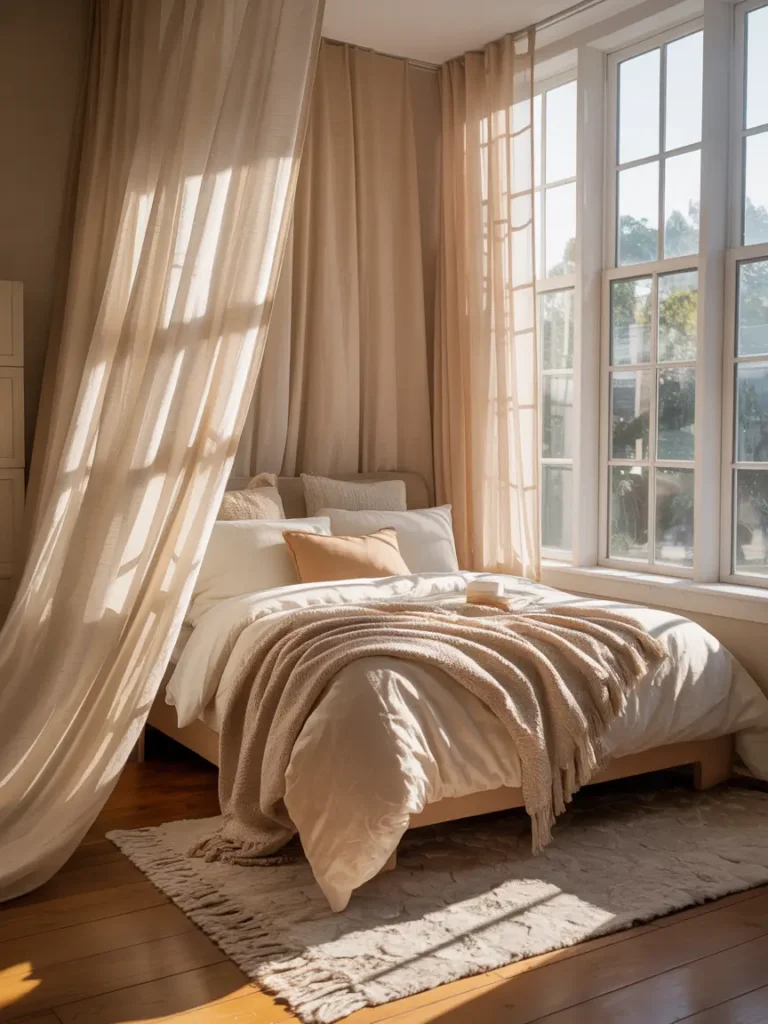 Small apartment bedroom with sheer cream curtains flowing beside window, soft morning light, cozy neutral bedding, light wood furniture, warm feminine apartment styling, airy minimalist decor, woven textures, delicate shadows, clean apartment aesthetic, tiny bedside lamp, calm cozy mood, peaceful small bedroom with soft natural lighting and elegant simplicity

