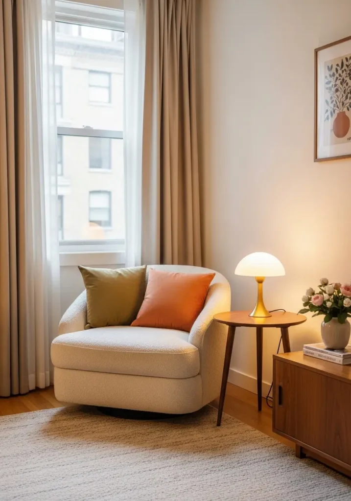 Clean small apartment scene with curved cream accent chair, round wooden side table, soft vintage floor lamp, muted peach cushion, simple rug, light neutral wall, airy retro styling, cozy calm feminine mood.