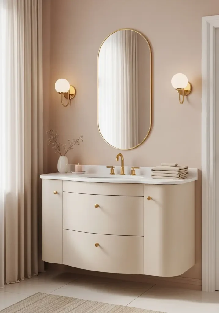 Clean minimal luxury feminine bathroom with a curved cream vanity, rounded drawers, soft white countertop, brushed gold faucet, pale blush wall paint, oval mirror, warm wall lights, neat folded towels, small flower vase, smooth stone floor, romantic modern styling, calm airy mood.