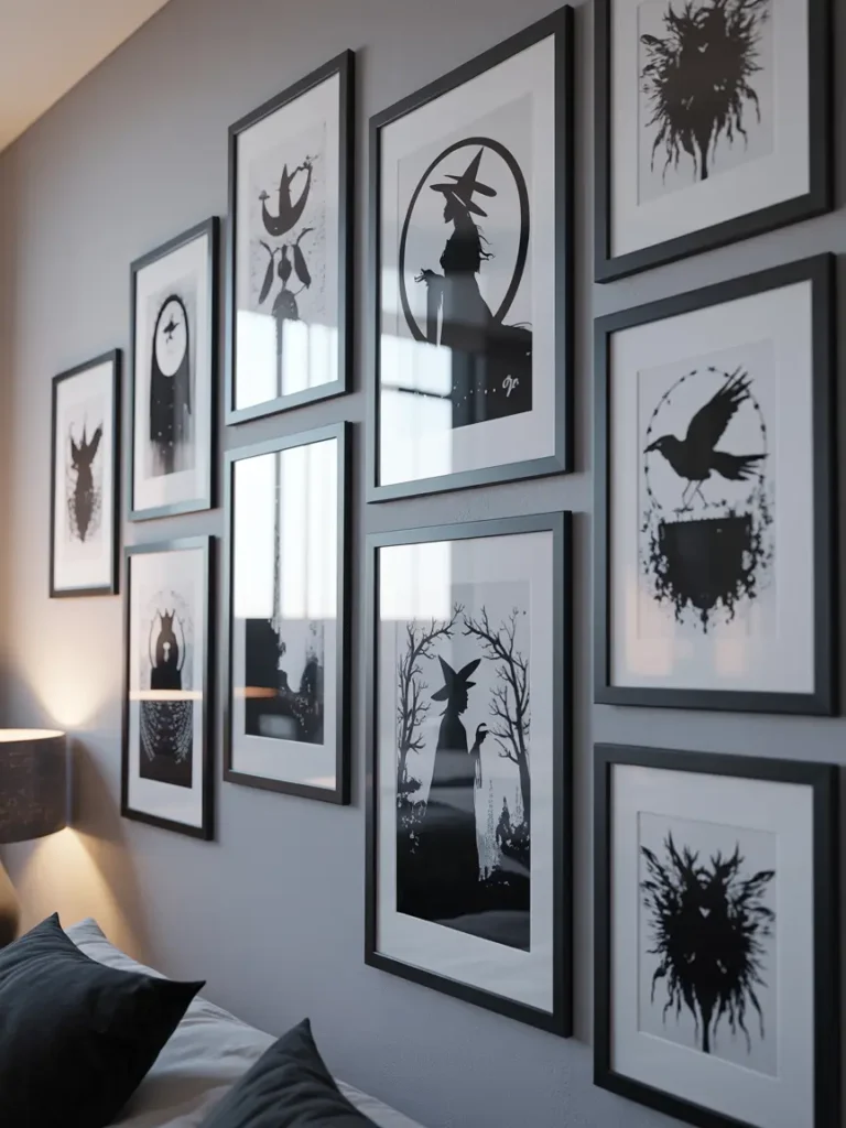 Black-and-white art prints featuring mystical themes like witches, moons, or animals, framed in sleek black frames, scattered on the walls for a minimal, modern look.