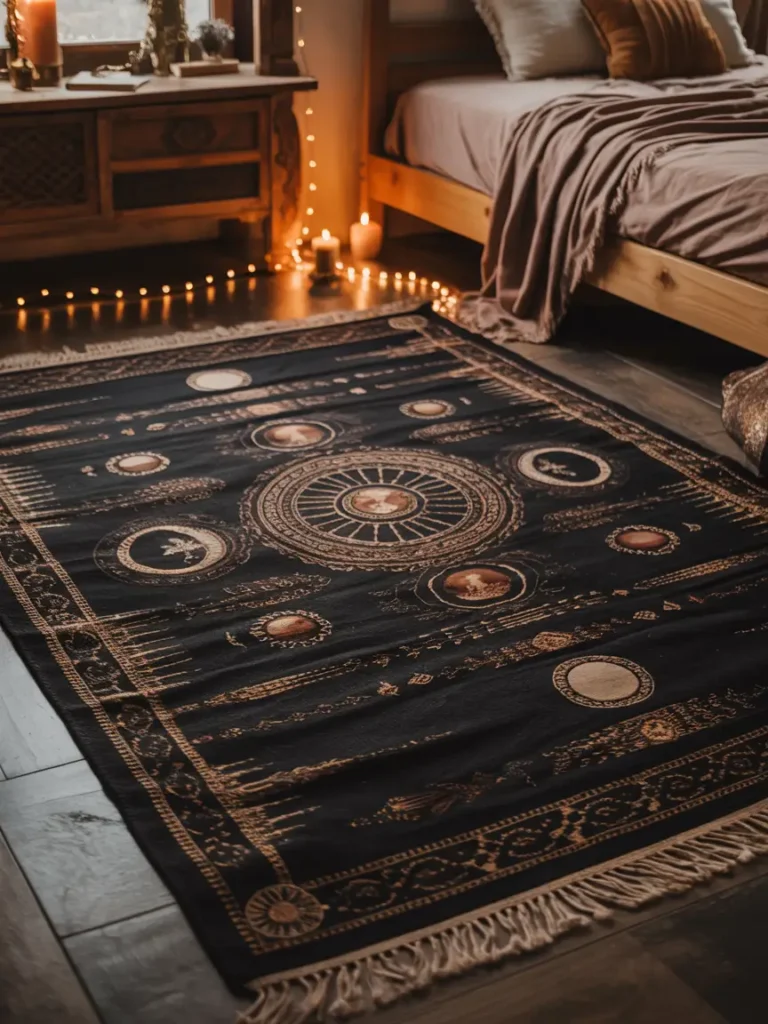 A dark, patterned boho rug with earthy tones and subtle mystical designs, laid across the floor to add warmth and texture to the room.