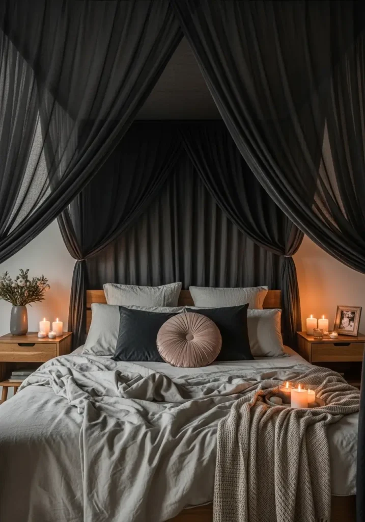 Minimal romantic goth bedroom with dark canopy bed, flowing black sheer fabric, charcoal bedding, warm bedside lamps, vintage wood nightstands, soft candle glow, clean cozy layout, feminine gothic mood, intimate couple bedroom styling, realistic textures, deep romantic shadows, calm dark interior design

