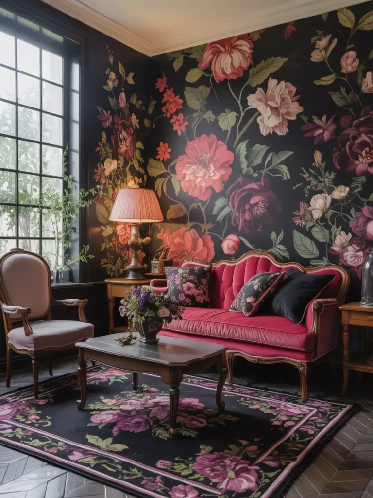 Floral patterns on throw pillows, dark, muted walls, and a vintage wooden chair in the corner of the room.