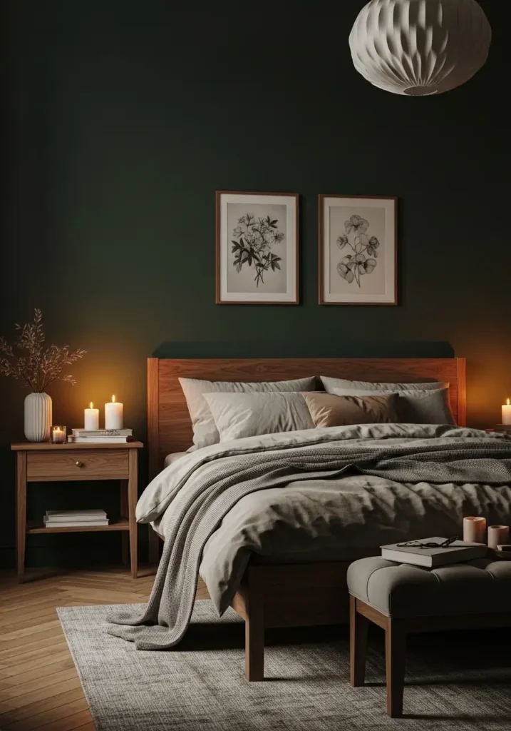 Dark academia apartment bedroom with deep forest green accent wall, warm wooden furniture, layered beige bedding, candlelit ambiance, vintage framed artwork, soft warm lighting, cozy feminine decor, walnut wood tones, realistic apartment styling, minimal elegant design, moody shadows, old European apartment feeling with warm earthy textures

