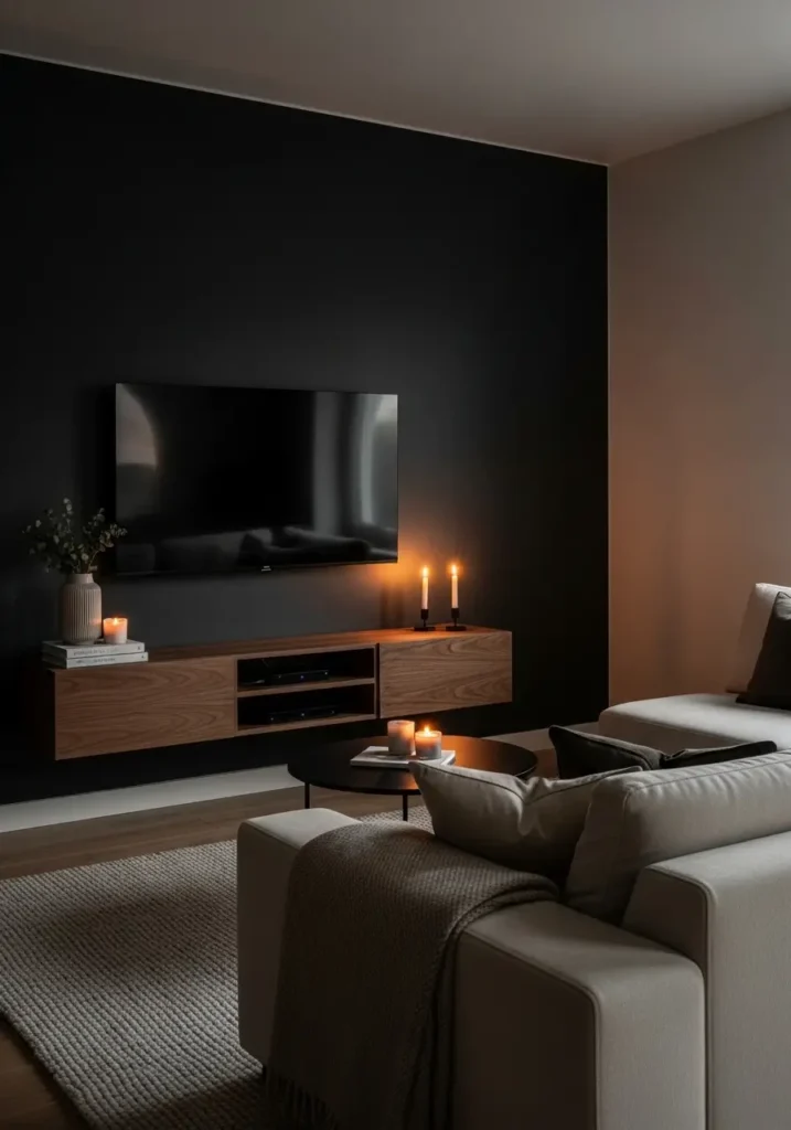 Moody modern apartment living room with charcoal black TV wall, mounted television, floating walnut console, beige sectional couch, warm ambient lighting, soft textured rug, cozy apartment decor, modern minimal interior, dramatic dark paint wall, candle glow, layered neutral textiles, realistic apartment styling, elegant feminine apartment design, calm evening atmosphere, clean modern layout, soft shadows, contemporary living room photography

