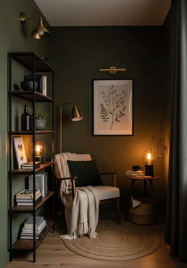 Minimal goth apartment reading nook with dark olive wall, black bookshelf, deep brown chair, cream knitted blanket, warm brass floor lamp, simple botanical print, small dark wood table, clean cozy layout, soft feminine gothic mood with natural calm styling.