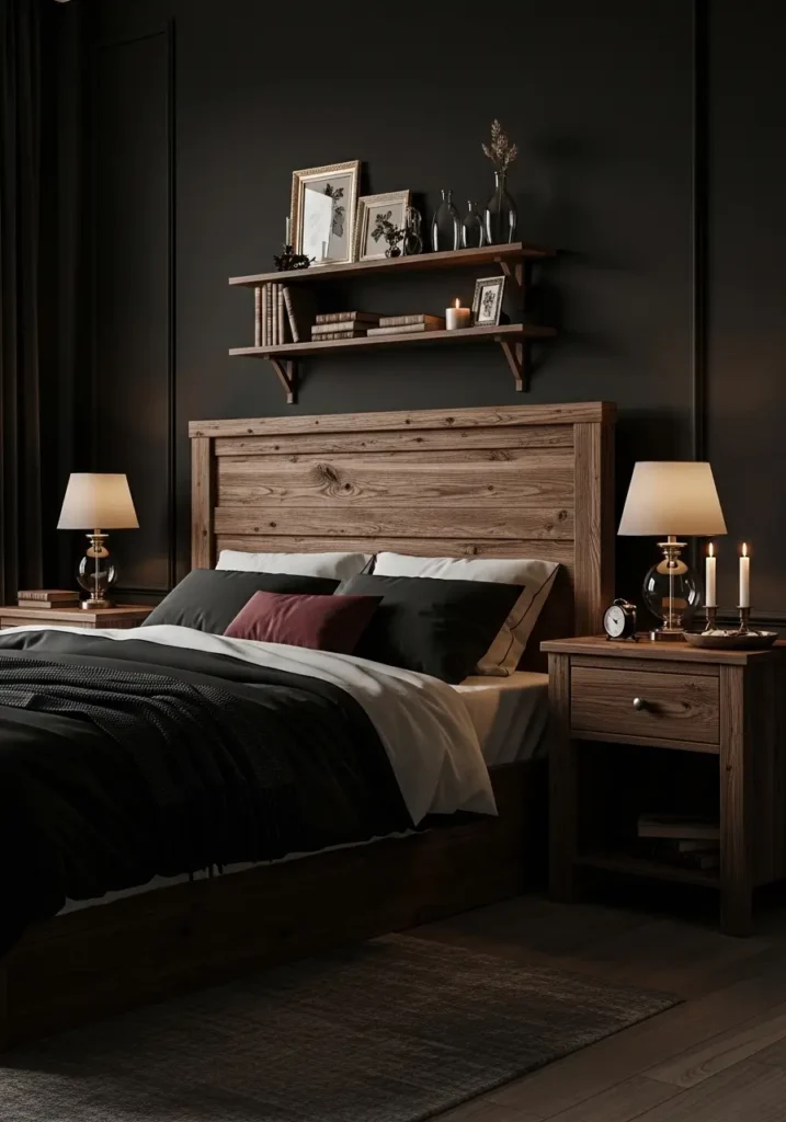 Romantic goth bedroom with dark wood bed frame, charcoal bedding, warm candlelight, vintage nightstands, soft black curtains, minimal gothic decor, cozy feminine atmosphere, realistic wood grain texture, clean couple bedroom design with deep romantic mood

