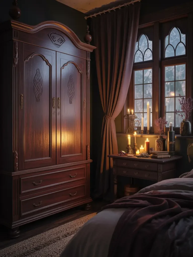 Sturdy, dark wood furniture pieces like a bedside table, dresser, and wardrobe, all featuring intricate details like carved legs or brass hardware.