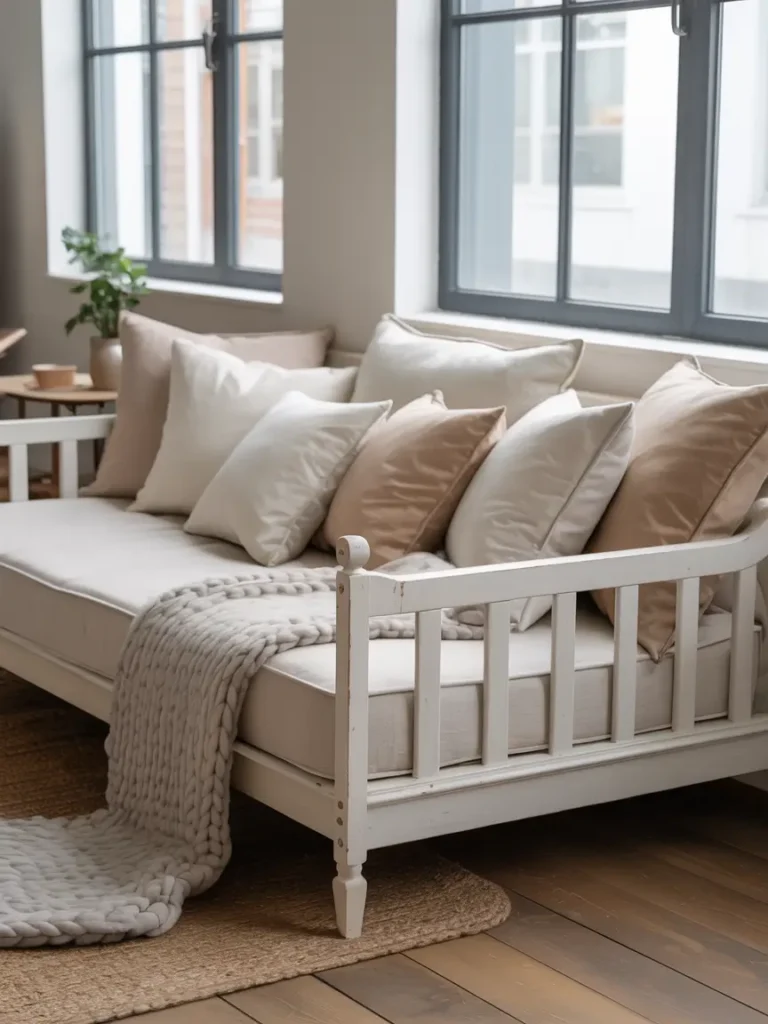 Soft minimal studio apartment with a cream daybed sofa styled with linen cushions, pale throw blanket, warm wood side table, sheer curtains, neutral rug, simple wall print, natural daylight, feminine small space styling, calm cozy lounge and sleep area mood.