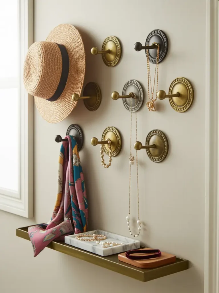 Cozy apartment entryway featuring decorative metal hooks arranged on the wall, holding necklaces and scarves, a small ceramic bowl underneath for earrings, natural light from the window, soft white walls, and a minimal yet charming modern style.
