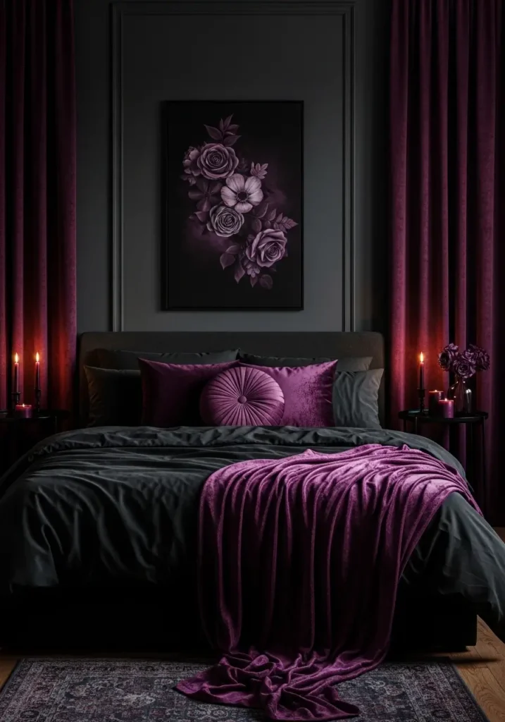Romantic goth bedroom with deep plum accents, black bedding, charcoal walls, velvet pillows, warm candlelight, dark wood furniture, minimal feminine gothic decor, cozy couple bedroom style, realistic fabric textures, clean moody interior with soft romantic atmosphere

