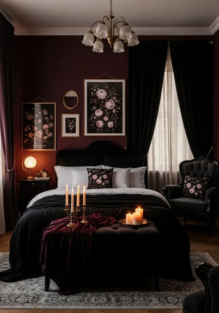 Minimal goth apartment lounge corner with deep wine accent wall, black velvet armchair, small round table, cream throw blanket, vintage brass lamp, dark floral wall art, simple candle setup, warm amber light, clean layout, romantic feminine mood, cozy dark decor.