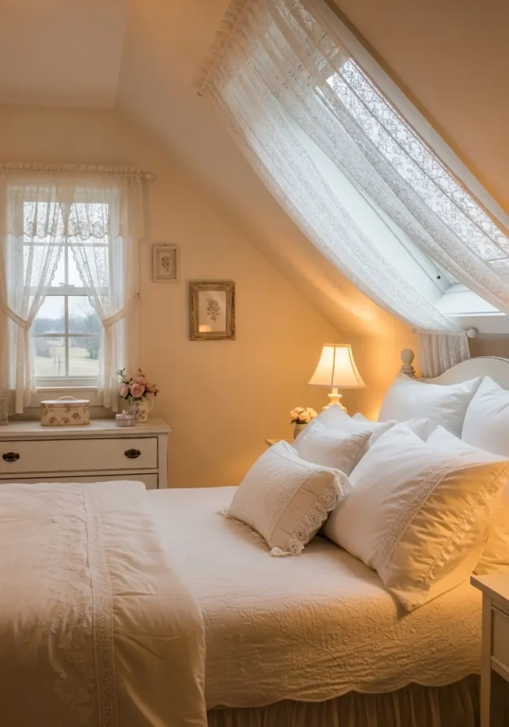 Romantic slanted roof bedroom with delicate lace curtains, soft ivory bedding, vintage white furniture, warm cottage lighting, feminine attic decor, layered neutral textures, cozy floral accents, rustic wood floor, clean minimal cottage styling, realistic interior photography, soft sunlight through attic windows, peaceful cozy atmosphere, uncluttered elegant bedroom design, warm cream palette, intimate countryside retreat, dreamy soft shadows

