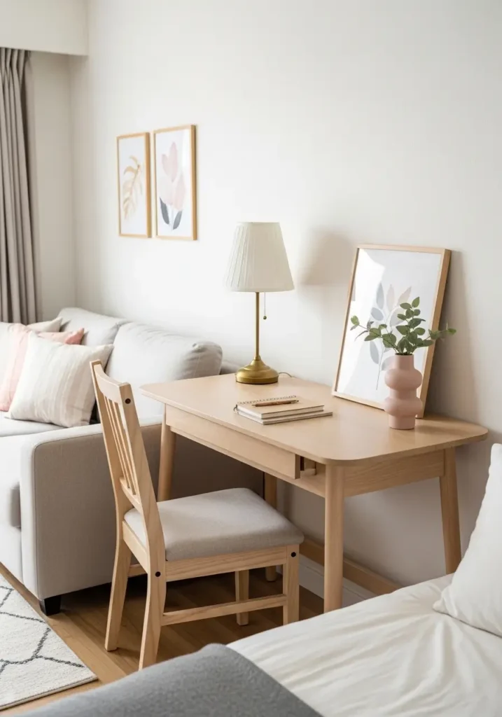Clean minimal micro studio apartment with a narrow desk placed behind a small sofa as a stylish divider, cream chair, pale wood tabletop, beige sofa, soft bed in background, neutral rug, warm lamp, tidy decor, feminine compact workspace styling, calm natural light.