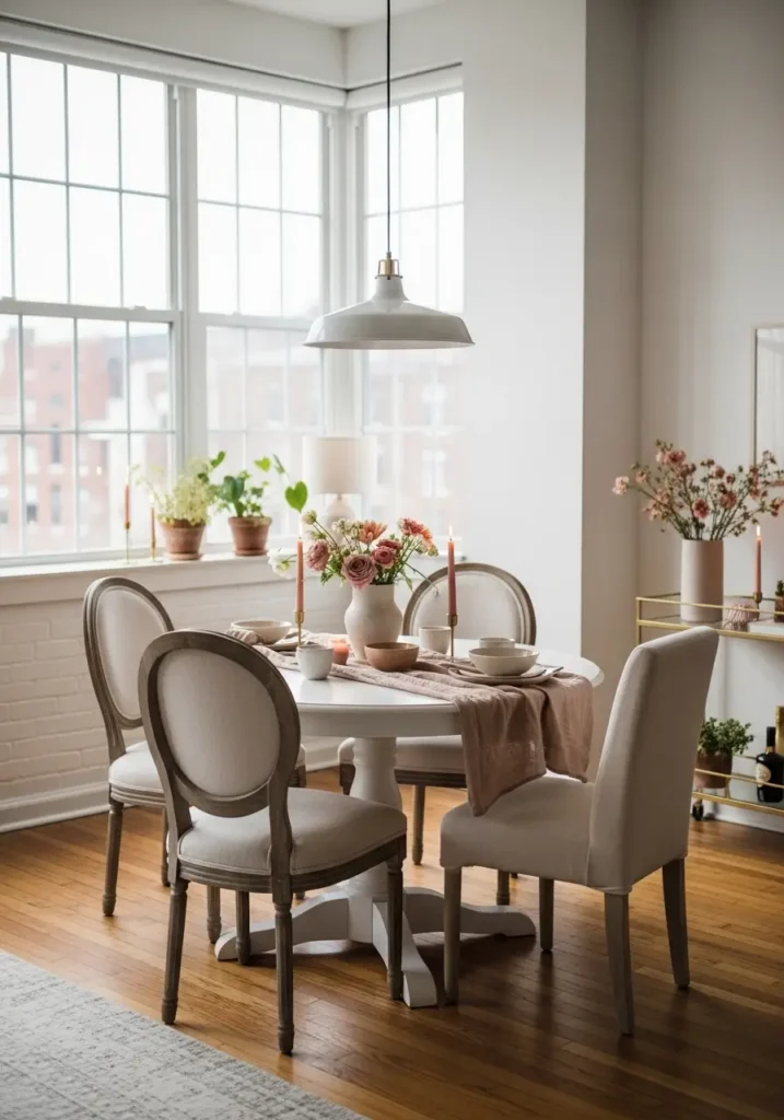 Feminine loft apartment dining corner placed beside tall windows, round dining table, soft upholstered chairs, golden daylight, airy curtains, pale wood tones, blush accents, cozy apartment styling, open loft layout, elegant table setting, new home interior inspiration, city loft charm, realistic design photography with warm natural textures and inviting mood